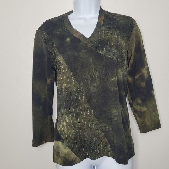 Green brown grunge fairy 3/4 sleeve sequin earthy goblincore top size small - Picture 1 of 5